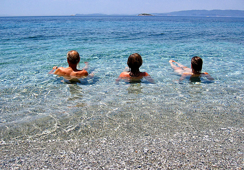 at Hovolo beach on Skopelos. Here you can swim and sunbathe naked.