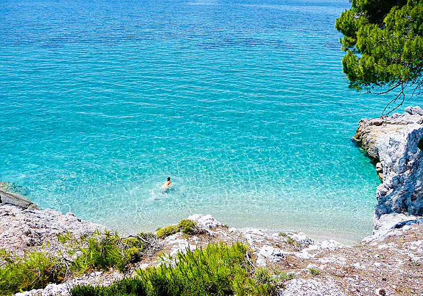 Swim and sunbathe naked at the nudist beaches of Skopelos.