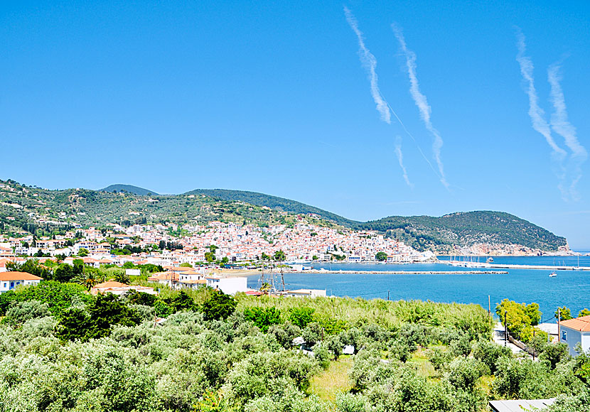 The breakwater and port of Skopelos town in Greece.