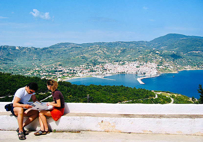 The amazing view of Skopelos town from the road up to the monasteries.