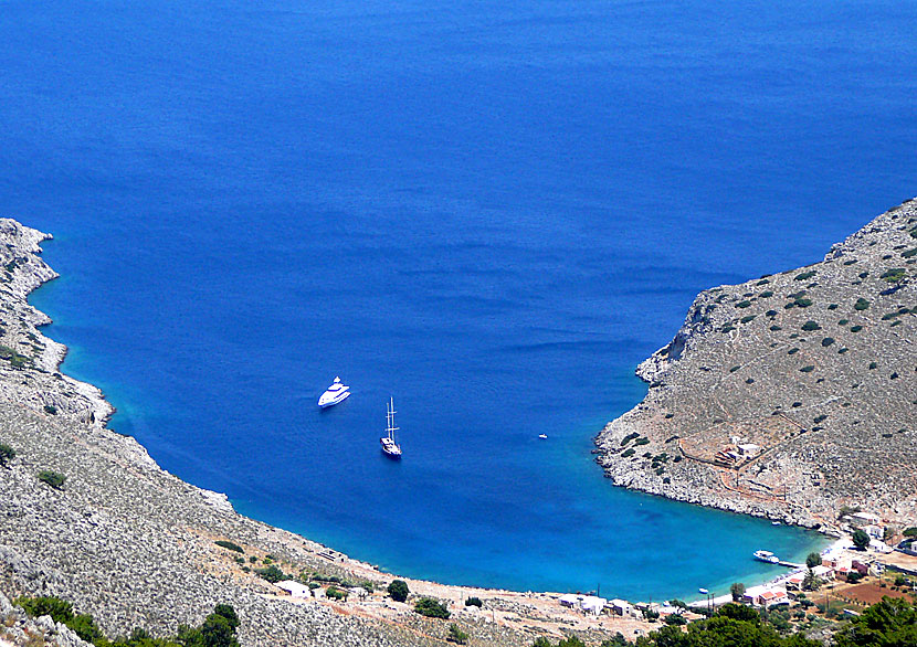 View of Marathounda bay and beach. Symi.