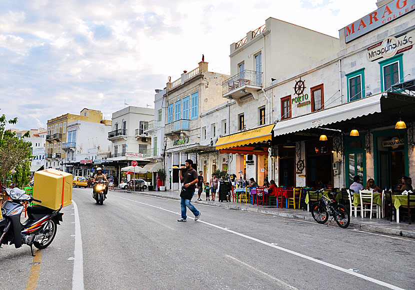 Bars and cafes along the harbor promenade in Ermoupolis.