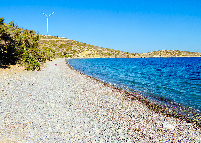 At the far end of Plaka beach there is a wind turbine. It is part of a major investment to make Tilos independent of electricity from outside.