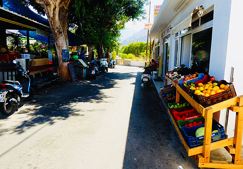 Michalis Taverna on the left, Jannis Supermarket and moped rental on the right. Tilos.
