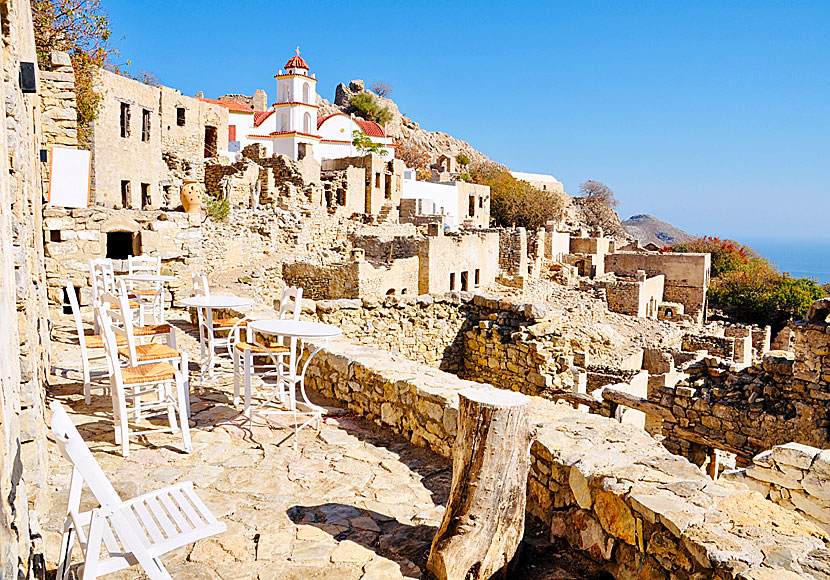 The church in Mikro Chorio and Mikro Chorio Music Bar in Tilos island.