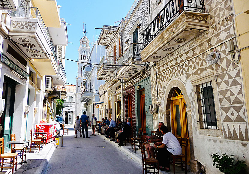 The mastic village of Pyrgi on the island of Chios with its unique houses where the house facades are painted in a mosaic of black and white.