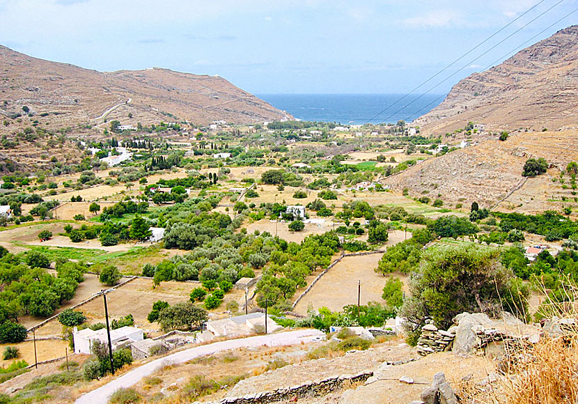 View of the beautiful valley where Pisses beach on Kea is located.