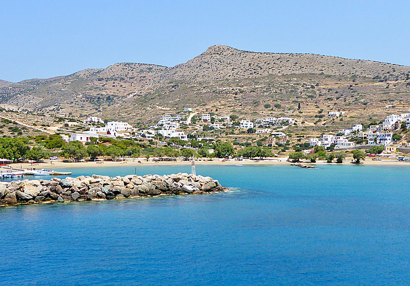 The beach and port of Alopronia on Sikinos in Greece.