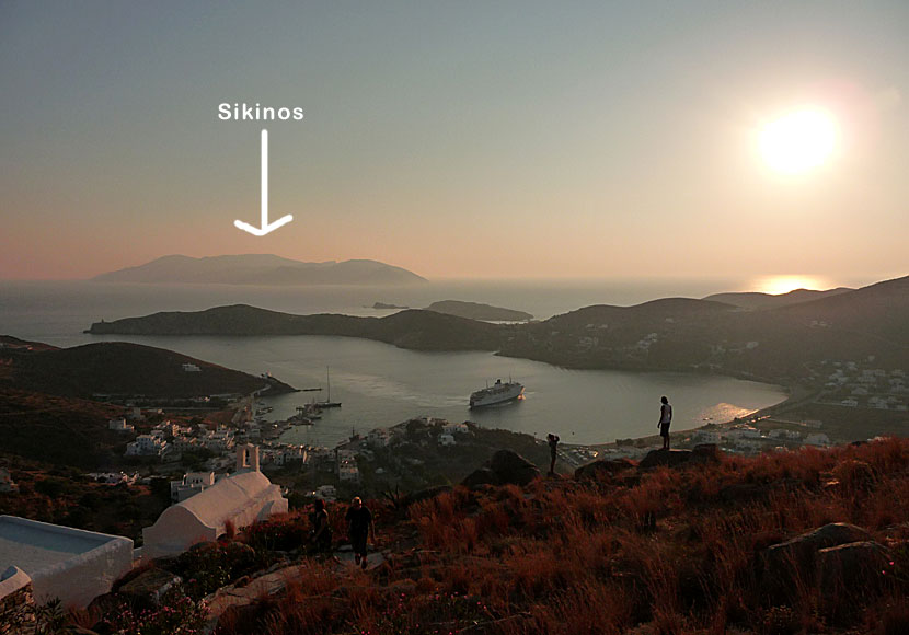 The sunset over Sikinos seen from Chora on Ios in the Cyclades.