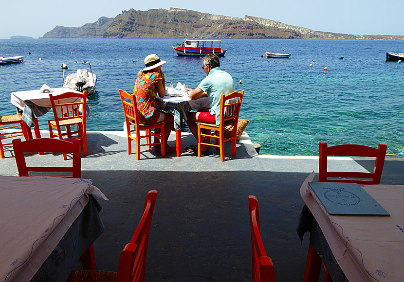 The island of Thirasia seen from Ammoudi below Oia on Santorini.