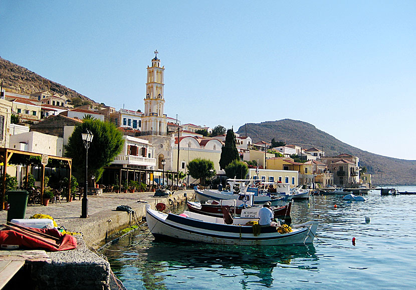 The bell tower in Emborio on the island of Chalki in Greece.