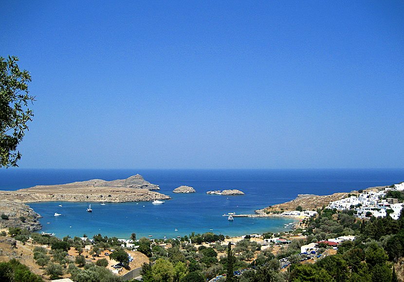 Lindos beach and village in Rhodes.