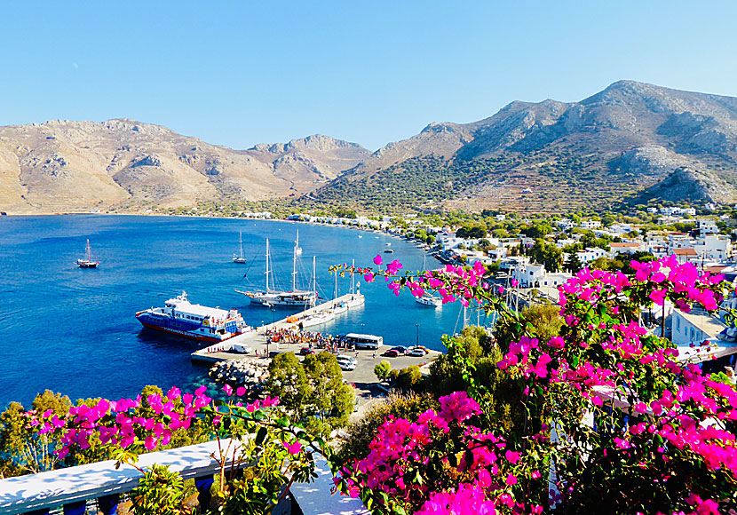 View of the port and beach in Livadia on Tilos from Annas Studios.