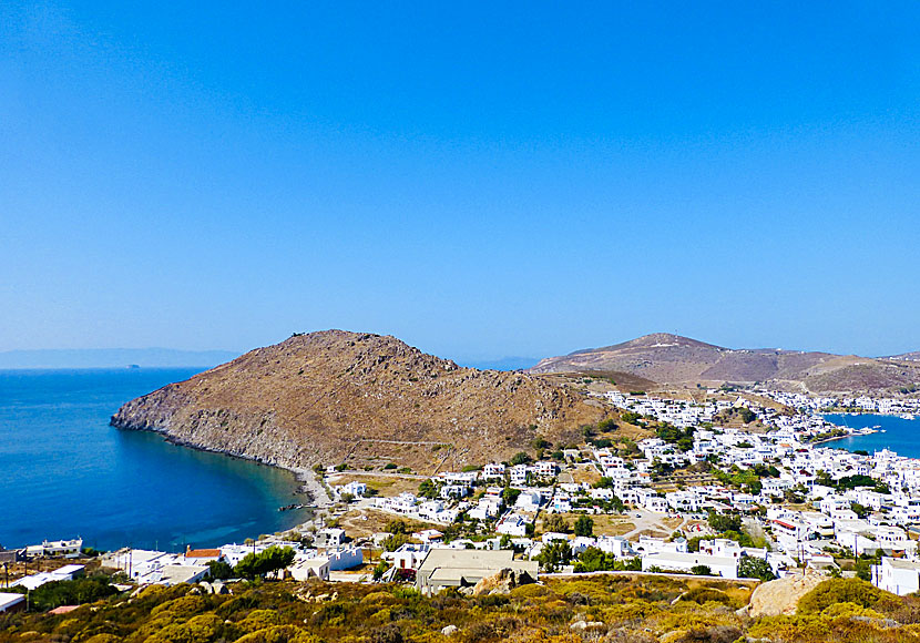 Skala and Hohlakas beach on Patmos in Greece.