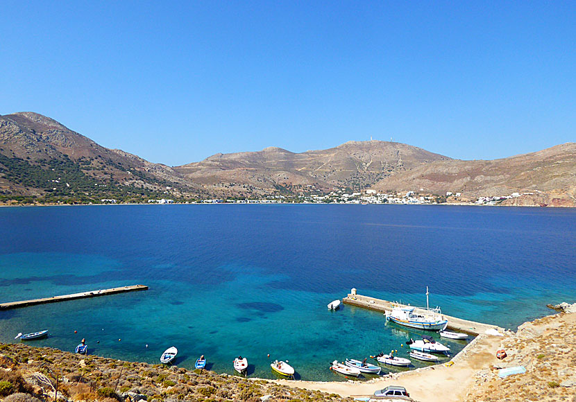 View of Livadia village and Livadia bay from the small port of Agios Stefanos on Tilos in Greece.