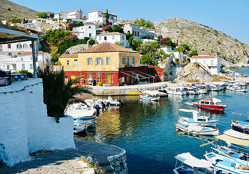 The small fishing village of Kaminia is to the left of the port on Hydra.